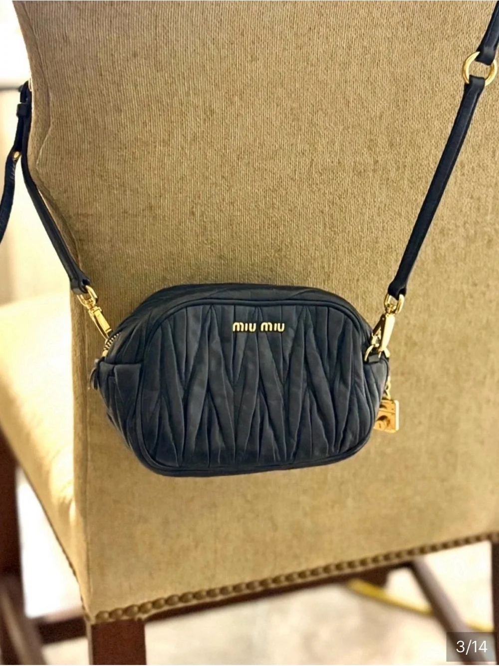 Miu Miu Quilted Navy Leather Crossbody with Gold Hardware